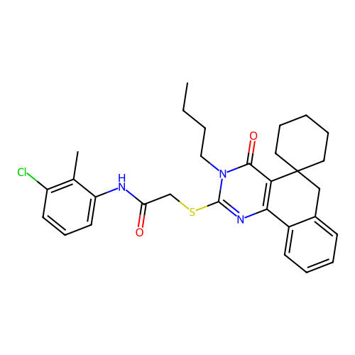 2-((3-butyl-4-oxo-4,6-dihydro-3H-spiro[benzo[h]quinazoline-5,1'-cyclohexan]-2-yl)thio)-N-(3-chloro-2-methylphenyl)acetamide structure