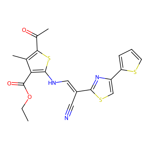(E)-ethyl 5-acetyl-2-((2-cyano-2-(4-(thiophen-2-yl)thiazol-2-yl)vinyl)amino)-4-methylthiophene-3-carboxylate structure