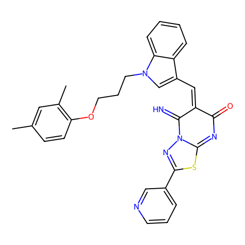 (E)-6-((1-(3-(2,4-dimethylphenoxy)propyl)-1H-indol-3-yl)methylene)-5-imino-2-(pyridin-3-yl)-5H-[1,3,4]thiadiazolo[3,2-a]pyrimidin-7(6H)-one structure