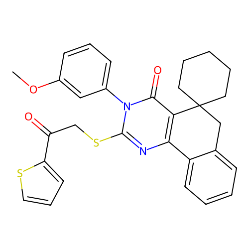 3-(3-methoxyphenyl)-2-((2-oxo-2-(thiophen-2-yl)ethyl)thio)-3H-spiro[benzo[h]quinazoline-5,1'-cyclohexan]-4(6H)-one structure