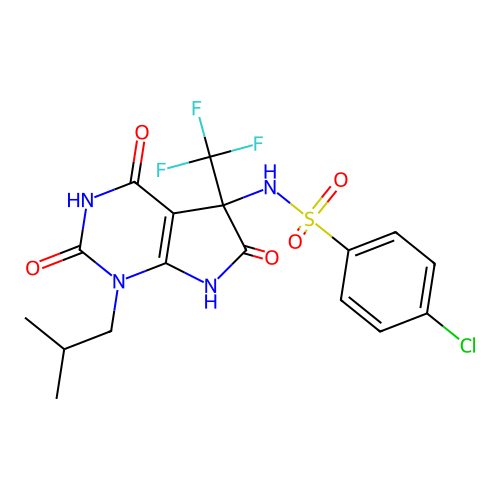 4-chloro-N-(1-isobutyl-2,4,6-trioxo-5-(trifluoromethyl)-2,3,4,5,6,7-hexahydro-1H-pyrrolo[2,3-d]pyrimidin-5-yl)benzenesulfonamide structure