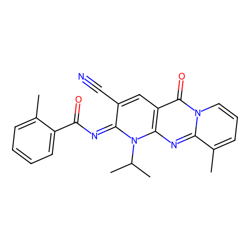(E)-N-(3-cyano-1-isopropyl-10-methyl-5-oxo-1H-dipyrido[1,2-a:2',3'-d]pyrimidin-2(5H)-ylidene)-2-methylbenzamide structure