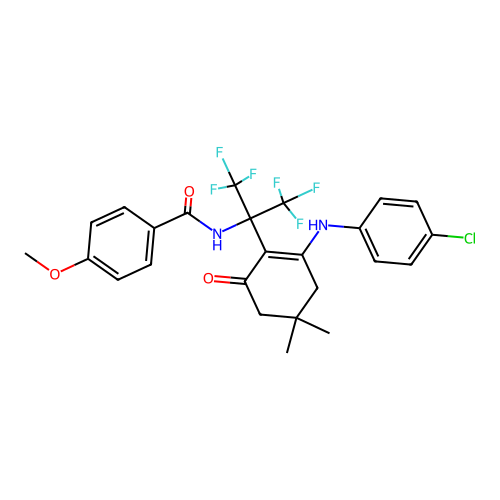 N-(2-(2-((4-chlorophenyl)amino)-4,4-dimethyl-6-oxocyclohex-1-en-1-yl)-1,1,1,3,3,3-hexafluoropropan-2-yl)-4-methoxybenzamide structure