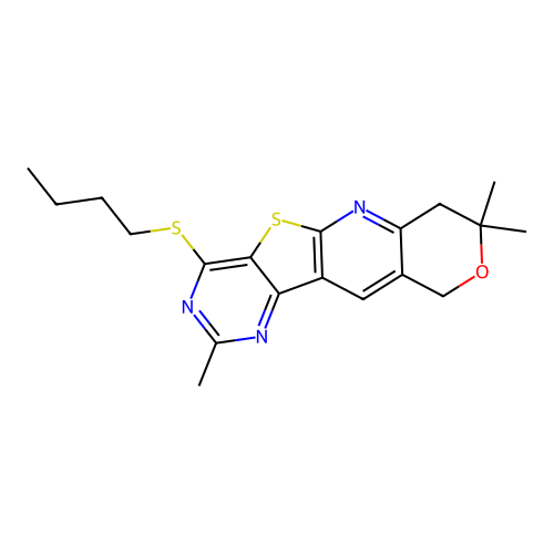 4-(butylsulfanyl)-2,8,8-trimethyl-7,10-dihydro-8H-pyrano[3'',4'':5',6']pyrido[3',2':4,5]thieno[3,2-d]pyrimidine structure