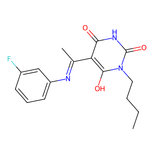 1-butyl-5-[1-(3-fluoroanilino)ethylidene]-1,3-diazinane-2,4,6-trione structure