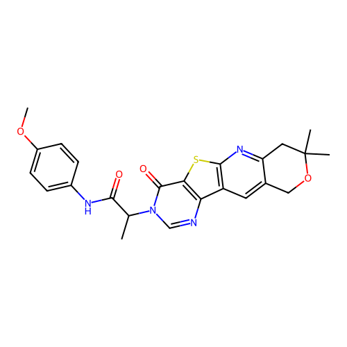 2-(8,8-dimethyl-4-oxo-4,7,8,10-tetrahydro-3H-pyrano[3'',4'':5',6']pyrido[3',2':4,5]thieno[3,2-d]pyrimidin-3-yl)-N-(4-methoxyphenyl)propanamide structure