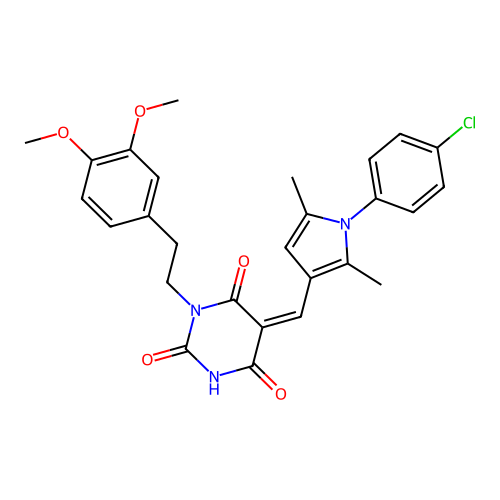 (5Z)-5-[[1-(4-chlorophenyl)-2,5-dimethylpyrrol-3-yl]methylidene]-1-[2-(3,4-dimethoxyphenyl)ethyl]-1,3-diazinane-2,4,6-trione structure