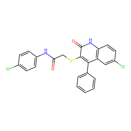 2-[(6-chloro-2-oxo-4-phenyl-1,2-dihydroquinolin-3-yl)sulfanyl]-N-(4-chlorophenyl)acetamide structure