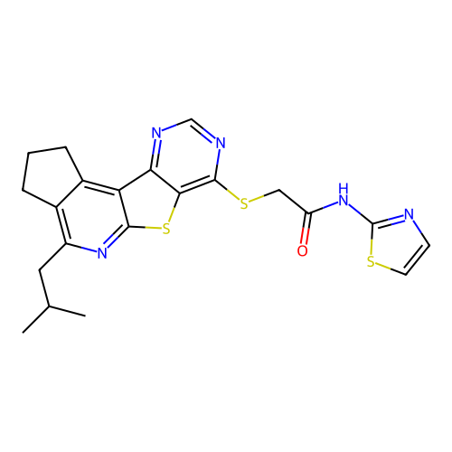 2-((4-isobutyl-2,3-dihydro-1H-cyclopenta[4',5']pyrido[3',2':4,5]thieno[3,2-d]pyrimidin-7-yl)thio)-N-(thiazol-2-yl)acetamide structure
