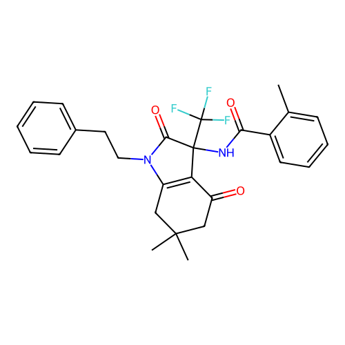 N-[6,6-dimethyl-2,4-dioxo-1-(2-phenylethyl)-3-(trifluoromethyl)-2,3,4,5,6,7-hexahydro-1H-indol-3-yl]-2-methylbenzamide structure