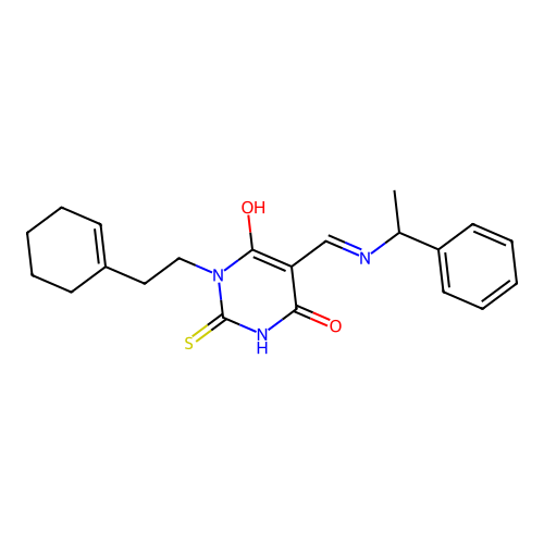(Z)-1-(2-(cyclohex-1-en-1-yl)ethyl)-5-(((1-phenylethyl)amino)methylene)-2-thioxodihydropyrimidine-4,6(1H,5H)-dione structure