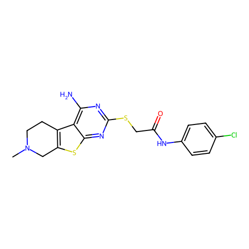 2-((4-amino-7-methyl-5,6,7,8-tetrahydropyrido[4',3':4,5]thieno[2,3-d]pyrimidin-2-yl)thio)-N-(4-chlorophenyl)acetamide structure