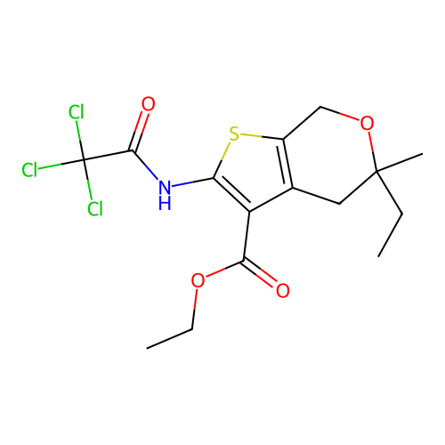 ethyl 5-ethyl-5-methyl-2-(2,2,2-trichloroacetamido)-5,7-dihydro-4H-thieno[2,3-c]pyran-3-carboxylate structure