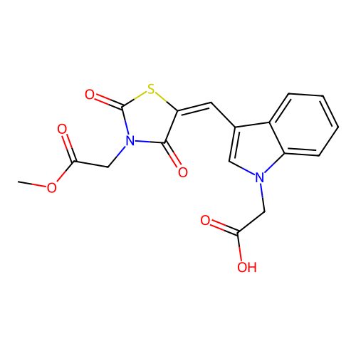 (3-{(E)-[3-(2-methoxy-2-oxoethyl)-2,4-dioxo-1,3-thiazolidin-5-ylidene]methyl}-1H-indol-1-yl)acetic acid structure