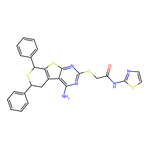 2-((4-amino-6,8-diphenyl-6,8-dihydro-5H-thiopyrano[4',3':4,5]thieno[2,3-d]pyrimidin-2-yl)thio)-N-(thiazol-2-yl)acetamide structure