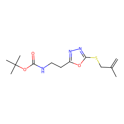 Tert-butyl (2-(5-((2-methylallyl)thio)-1,3,4-oxadiazol-2-yl)ethyl)carbamate structure