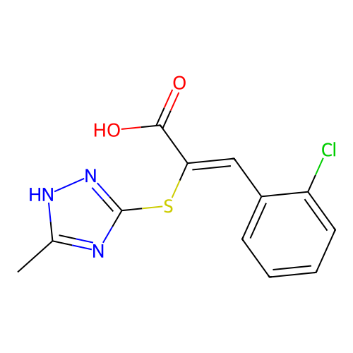 (Z)-3-(2-chlorophenyl)-2-((5-methyl-4H-1,2,4-triazol-3-yl)thio)acrylic acid structure