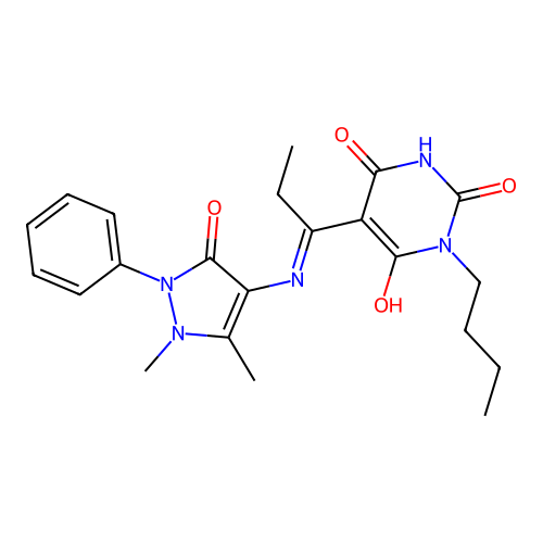 (E)-1-butyl-5-(1-((1,5-dimethyl-3-oxo-2-phenyl-2,3-dihydro-1H-pyrazol-4-yl)amino)propylidene)pyrimidine-2,4,6(1H,3H,5H)-trione structure