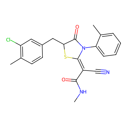 (2Z)-2-[5-(3-chloro-4-methylbenzyl)-3-(2-methylphenyl)-4-oxo-1,3-thiazolidin-2-ylidene]-2-cyano-N-methylethanamide structure