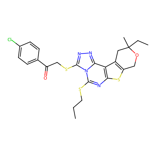 1-(4-chlorophenyl)-2-((10-ethyl-10-methyl-5-(propylthio)-10,11-dihydro-8H-pyrano[4',3':4,5]thieno[3,2-e][1,2,4]triazolo[4,3-c]pyrimidin-3-yl)thio)ethanone structure