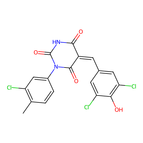 (5Z)-1-(3-chloro-4-methylphenyl)-5-[(3,5-dichloro-4-hydroxyphenyl)methylidene]-1,3-diazinane-2,4,6-trione structure
