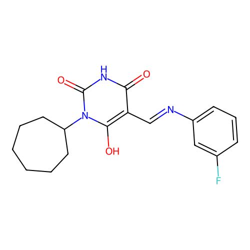 1-cycloheptyl-5-[(3-fluoroanilino)methylidene]-1,3-diazinane-2,4,6-trione structure