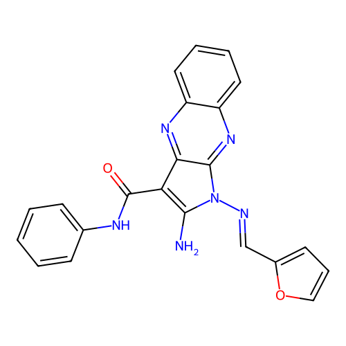 (E)-2-amino-1-((furan-2-ylmethylene)amino)-N-phenyl-1H-pyrrolo[2,3-b]quinoxaline-3-carboxamide structure
