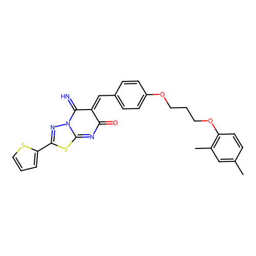 (6Z)-6-[[4-[3-(2,4-dimethylphenoxy)propoxy]phenyl]methylidene]-5-imino-2-thiophen-2-yl-[1,3,4]thiadiazolo[3,2-a]pyrimidin-7-one structure