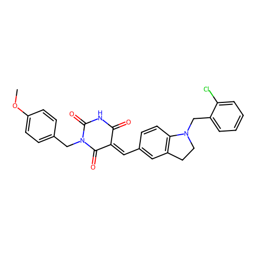 (5E)-5-[[1-[(2-chlorophenyl)methyl]-2,3-dihydroindol-5-yl]methylidene]-1-[(4-methoxyphenyl)methyl]-1,3-diazinane-2,4,6-trione structure