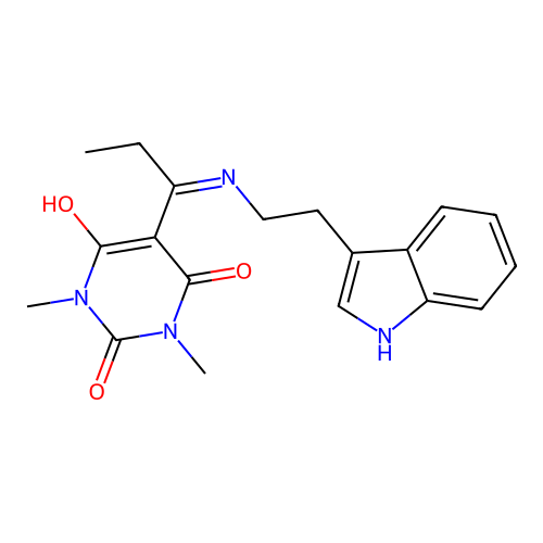 5-[1-[2-(1H-indol-3-yl)ethylamino]propylidene]-1,3-dimethyl-1,3-diazinane-2,4,6-trione structure