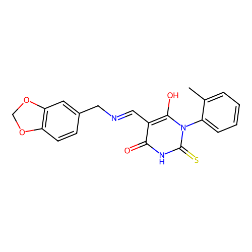 (5E)-5-[(1,3-benzodioxol-5-ylmethylamino)methylidene]-1-(2-methylphenyl)-2-sulfanylidene-1,3-diazinane-4,6-dione structure