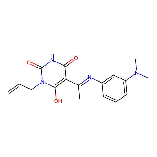 (E)-1-allyl-5-(1-((3-(dimethylamino)phenyl)amino)ethylidene)pyrimidine-2,4,6(1H,3H,5H)-trione structure
