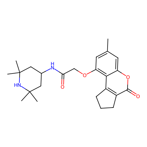 2-((7-methyl-4-oxo-1,2,3,4-tetrahydrocyclopenta[c]chromen-9-yl)oxy)-N-(2,2,6,6-tetramethylpiperidin-4-yl)acetamide structure