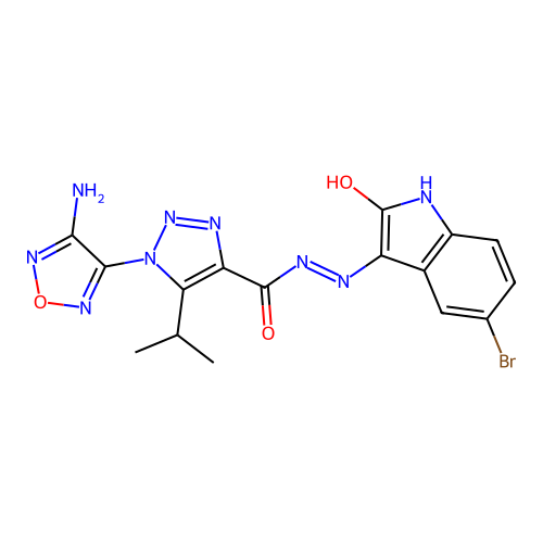 (Z)-1-(4-amino-1,2,5-oxadiazol-3-yl)-N'-(5-bromo-2-oxoindolin-3-ylidene)-5-isopropyl-1H-1,2,3-triazole-4-carbohydrazide structure