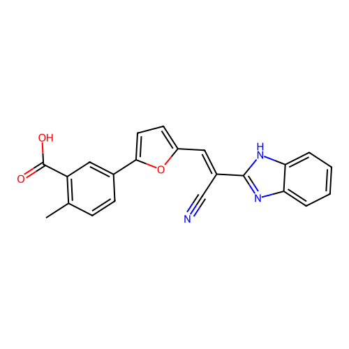 5-{5-[(E)-2-(1H-benzimidazol-2-yl)-2-cyanoethenyl]furan-2-yl}-2-methylbenzoic acid structure