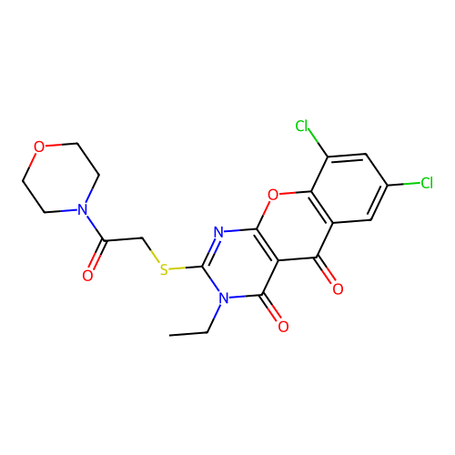 7,9-dichloro-3-ethyl-2-((2-morpholino-2-oxoethyl)thio)-3H-chromeno[2,3-d]pyrimidine-4,5-dione structure