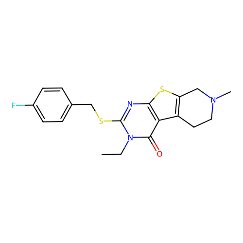 3-ethyl-2-((4-fluorobenzyl)thio)-7-methyl-5,6,7,8-tetrahydropyrido[4',3':4,5]thieno[2,3-d]pyrimidin-4(3H)-one structure