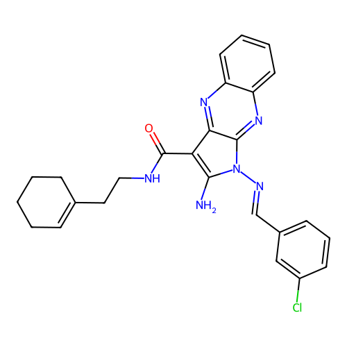 (E)-2-amino-1-((3-chlorobenzylidene)amino)-N-(2-(cyclohex-1-en-1-yl)ethyl)-1H-pyrrolo[2,3-b]quinoxaline-3-carboxamide structure