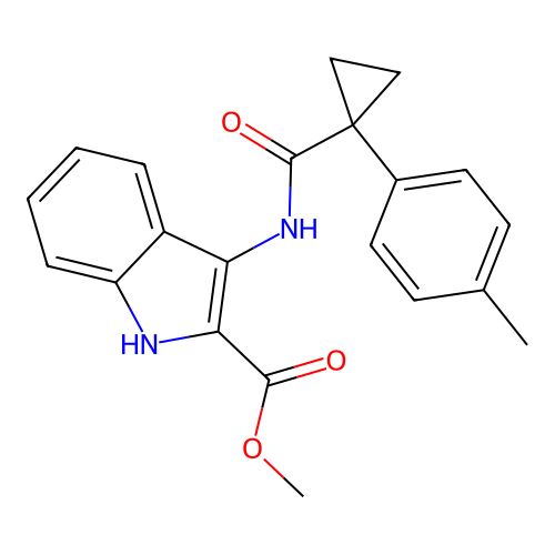 methyl 3-(1-(p-tolyl)cyclopropanecarboxamido)-1H-indole-2-carboxylate structure