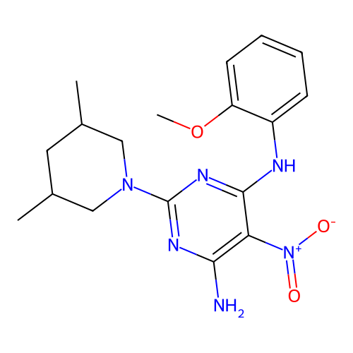 2-(3,5-dimethylpiperidin-1-yl)-N-(2-methoxyphenyl)-5-nitropyrimidine-4,6-diamine structure