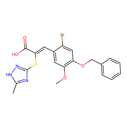 (2Z)-3-[4-(benzyloxy)-2-bromo-5-methoxyphenyl]-2-[(3-methyl-1H-1,2,4-triazol-4-ium-5-yl)sulfanyl]prop-2-enoate structure