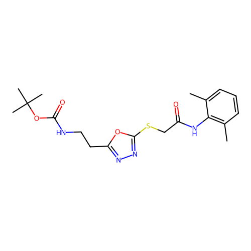 (2-{5-[(2,6-Dimethyl-phenylcarbamoyl)-methylsulfanyl]-[1,3,4]oxadiazol-2-yl}-ethyl)-carbamic acid  tert-butyl ester structure