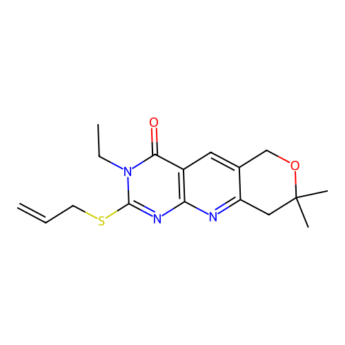 2-(allylthio)-3-ethyl-8,8-dimethyl-8,9-dihydro-3H-pyrano[3',4':5,6]pyrido[2,3-d]pyrimidin-4(6H)-one structure