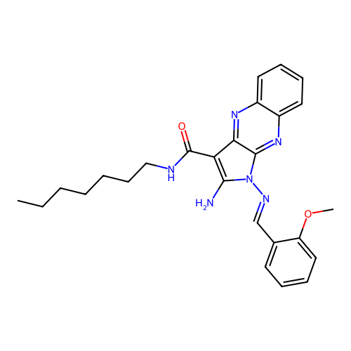 (E)-2-amino-N-heptyl-1-((2-methoxybenzylidene)amino)-1H-pyrrolo[2,3-b]quinoxaline-3-carboxamide structure