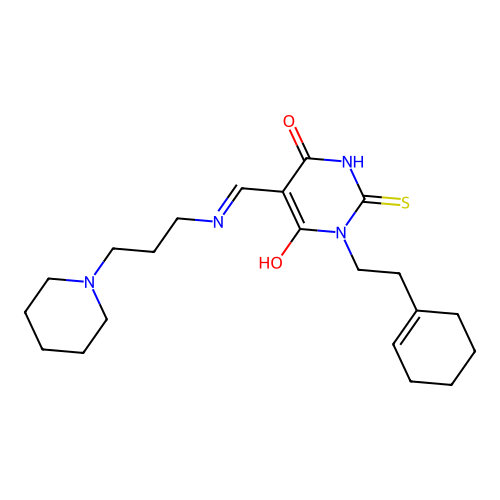 (5E)-1-[2-(cyclohexen-1-yl)ethyl]-5-[(3-piperidin-1-ylpropylamino)methylidene]-2-sulfanylidene-1,3-diazinane-4,6-dione structure