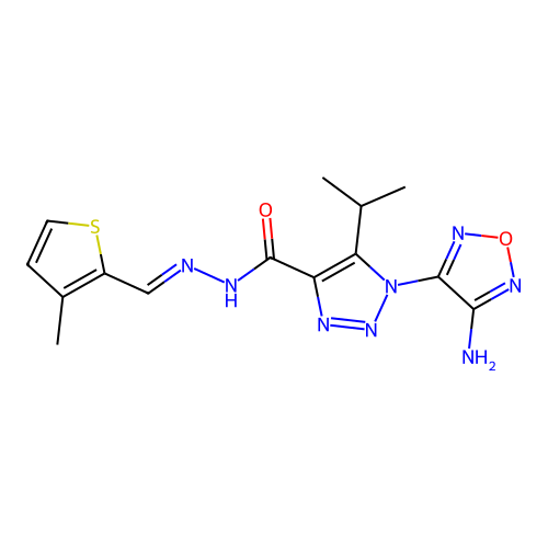 (E)-1-(4-amino-1,2,5-oxadiazol-3-yl)-5-isopropyl-N'-((3-methylthiophen-2-yl)methylene)-1H-1,2,3-triazole-4-carbohydrazide structure