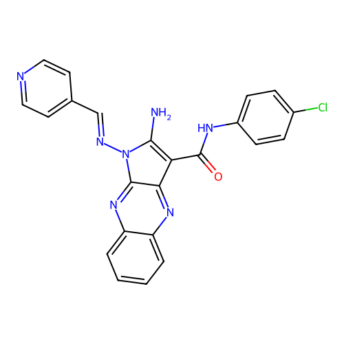 (E)-2-amino-N-(4-chlorophenyl)-1-((pyridin-4-ylmethylene)amino)-1H-pyrrolo[2,3-b]quinoxaline-3-carboxamide structure
