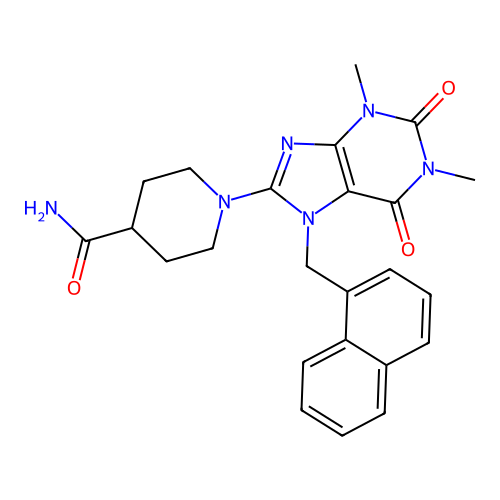 1-[1,3-dimethyl-7-(naphthalen-1-ylmethyl)-2,6-dioxopurin-8-yl]piperidine-4-carboxamide structure