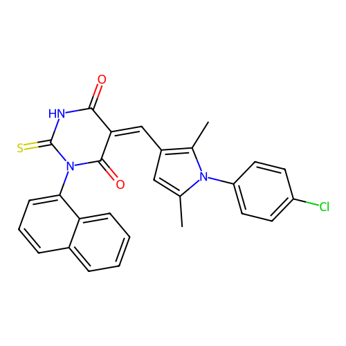 (5Z)-5-[[1-(4-chlorophenyl)-2,5-dimethylpyrrol-3-yl]methylidene]-1-naphthalen-1-yl-2-sulfanylidene-1,3-diazinane-4,6-dione structure