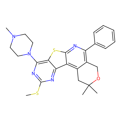 2,2-dimethyl-8-(4-methylpiperazin-1-yl)-10-(methylsulfanyl)-5-phenyl-1,4-dihydro-2H-pyrano[4'',3'':4',5']pyrido[3',2':4,5]thieno[3,2-d]pyrimidine structure